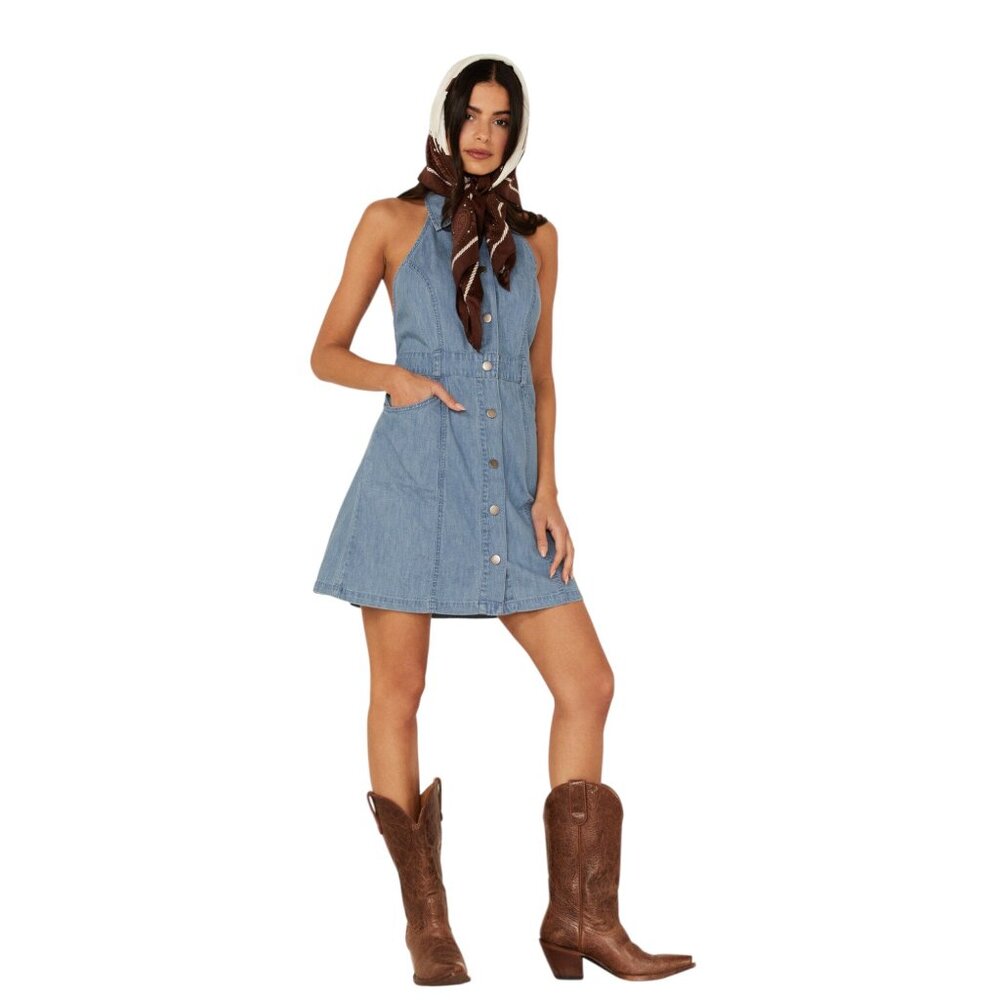 Free People Halter Denim Mini Dress – Medium – Button-Front, Open Back - Picture 3 of 12